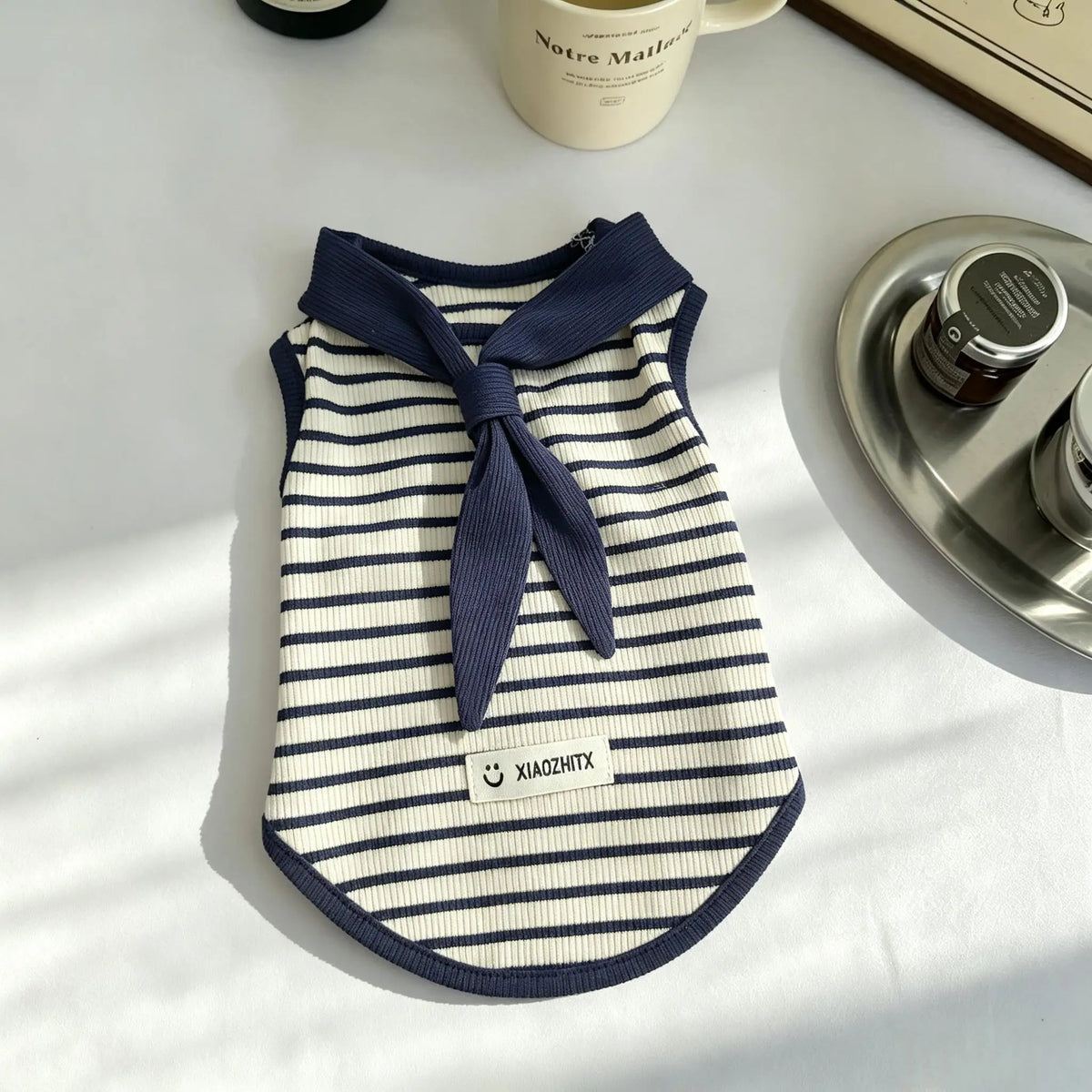 Striped Pet Tank Top Sailor Neck Tie Ribbed Fabric Smile Label Sleeveless Vest Summer Daily Puppy Kitten Walking Outfit