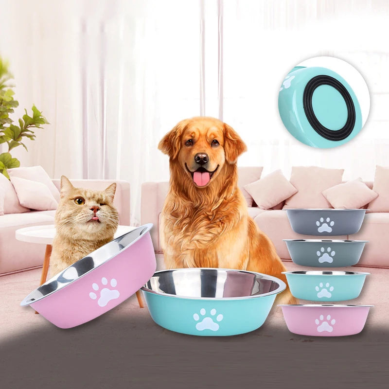 New Stainless Steel Dog Basin Paw Print Pet Supplies Cat Bowl Dog Bowl Silicone Anti-slip  Pet Drinking Water Feeding Bowl