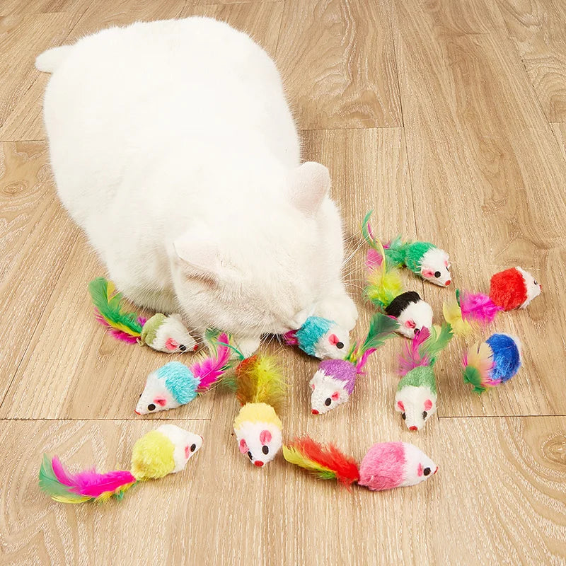 Pet Cat Toys Rabbit Fur False Mouse  Feather Rainbow Mouse Toy  Funny Playing Toys For Kitten