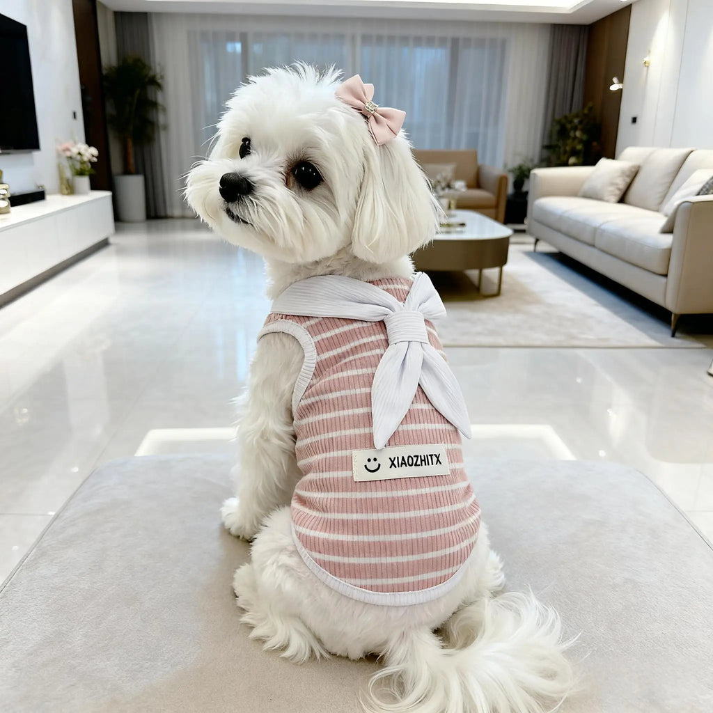 Striped Pet Tank Top Sailor Neck Tie Ribbed Fabric Smile Label Sleeveless Vest Summer Daily Puppy Kitten Walking Outfit