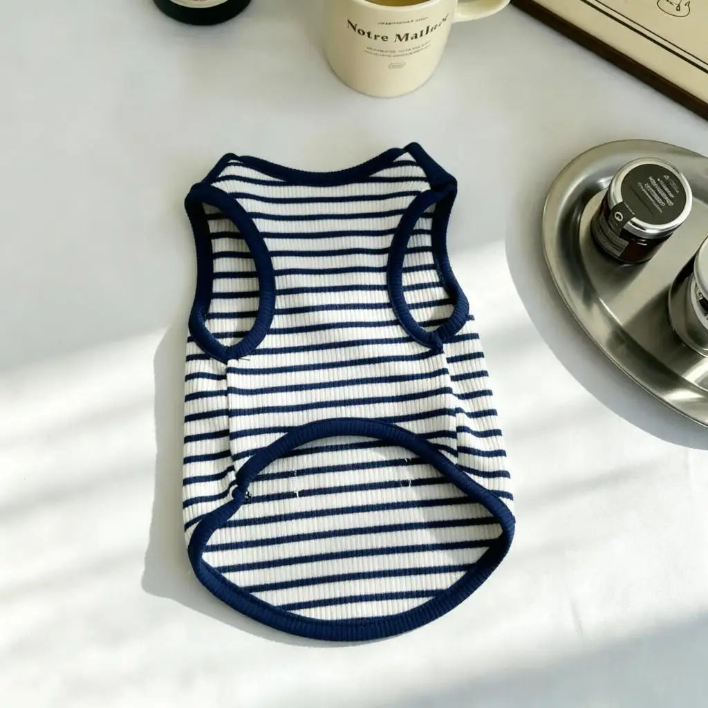 Striped Pet Tank Top Sailor Neck Tie Ribbed Fabric Smile Label Sleeveless Vest Summer Daily Puppy Kitten Walking Outfit