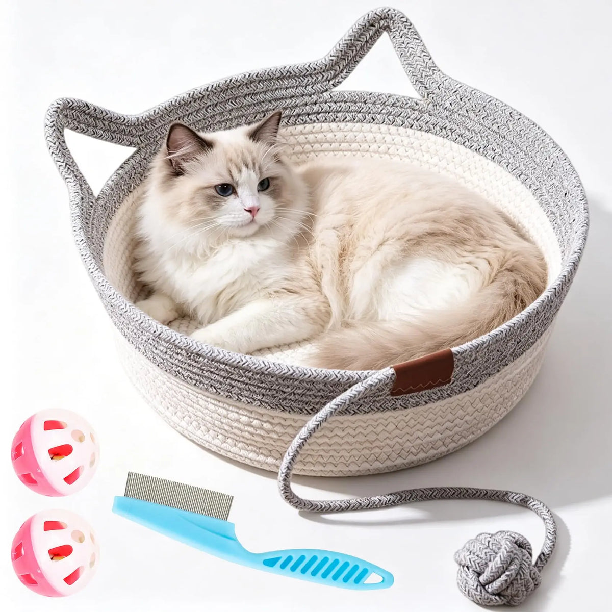 Cat Instinct Basket - Hand-woven Cotton Rope Fun Bed, Equipped with a Toy Tail, Suitable for Scratching and Interactive Pet