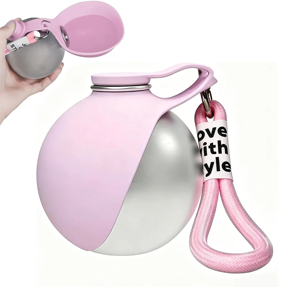 2 in 1 Portable Dog Water Bottle, 10oz Stainless Steel No-Spill Travel Pet Water Dispenser with Silicone Bowl for Small Dog