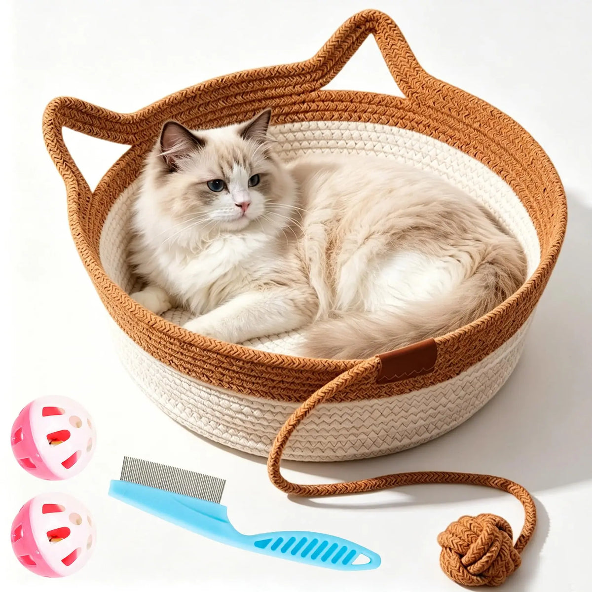 Cat Instinct Basket - Hand-woven Cotton Rope Fun Bed, Equipped with a Toy Tail, Suitable for Scratching and Interactive Pet