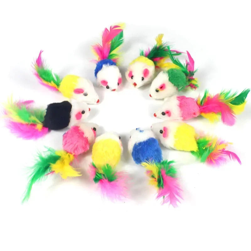 Pet Cat Toys Rabbit Fur False Mouse  Feather Rainbow Mouse Toy  Funny Playing Toys For Kitten