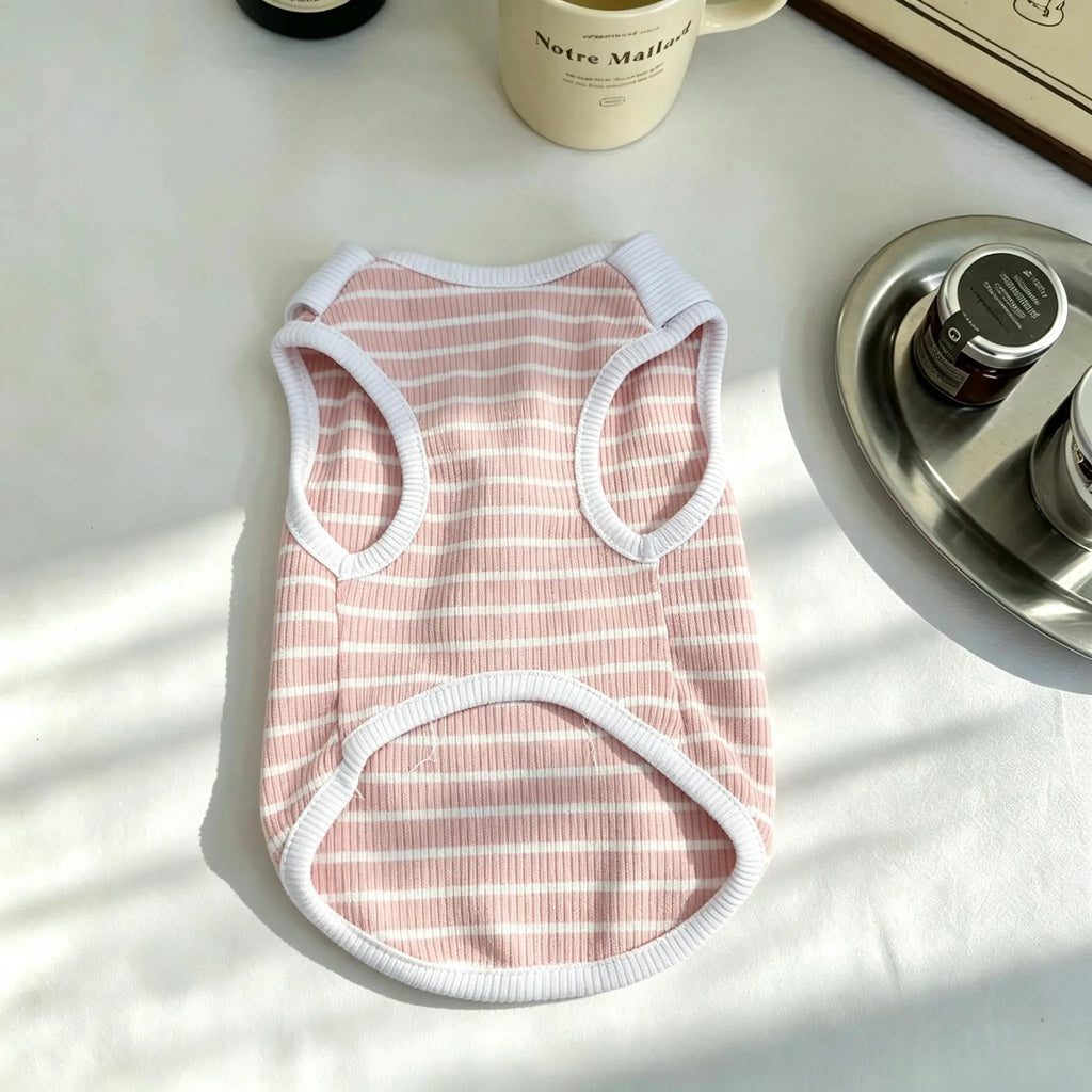 Striped Pet Tank Top Sailor Neck Tie Ribbed Fabric Smile Label Sleeveless Vest Summer Daily Puppy Kitten Walking Outfit