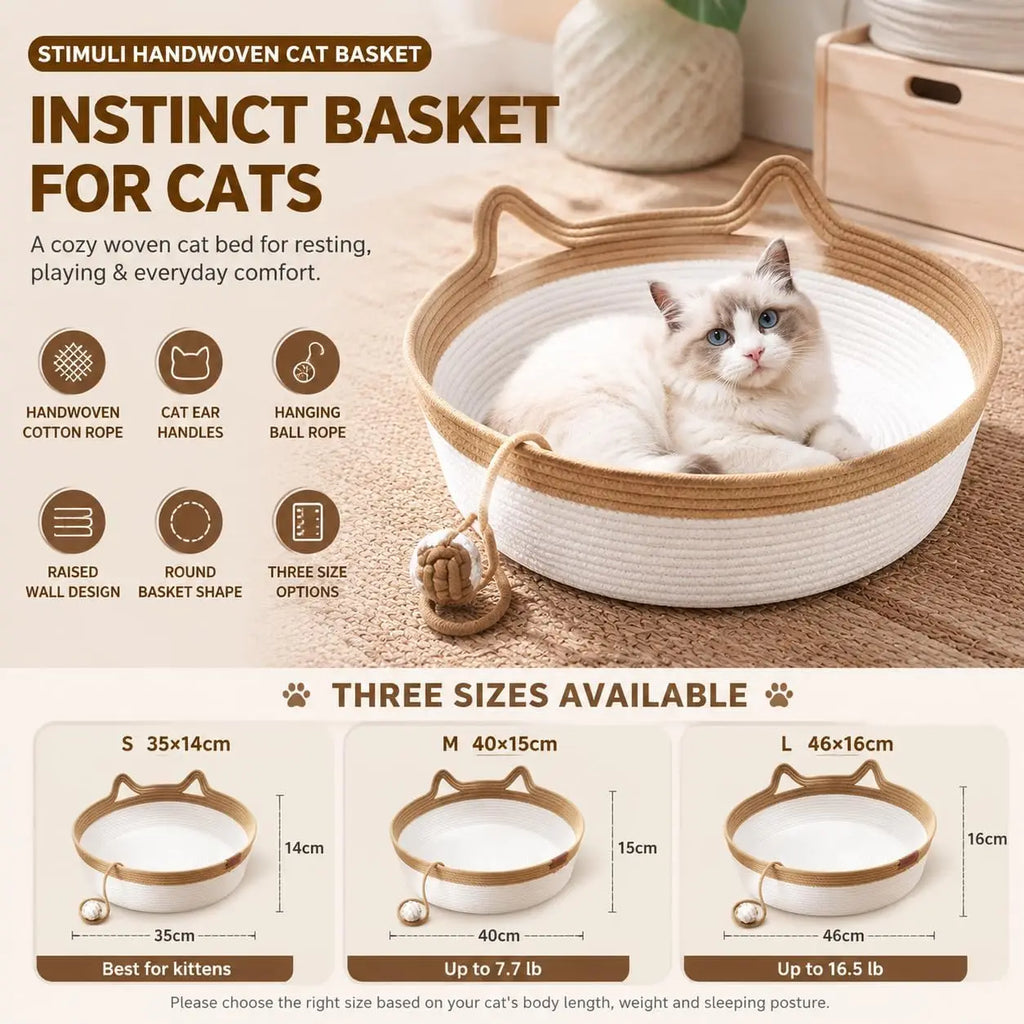 Cat Instinct Basket - Hand-woven Cotton Rope Fun Bed, Equipped with a Toy Tail, Suitable for Scratching and Interactive Pet