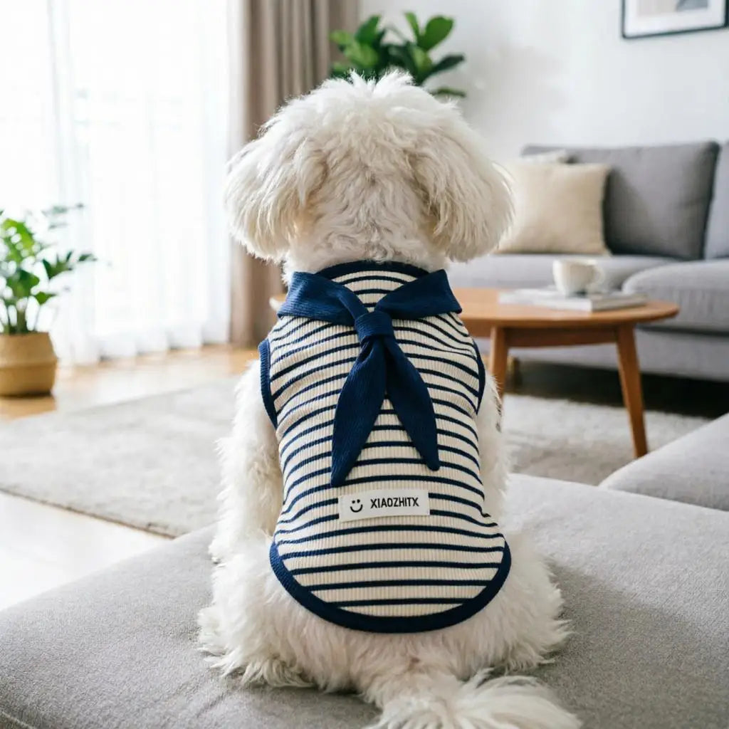 Striped Pet Tank Top Sailor Neck Tie Ribbed Fabric Smile Label Sleeveless Vest Summer Daily Puppy Kitten Walking Outfit