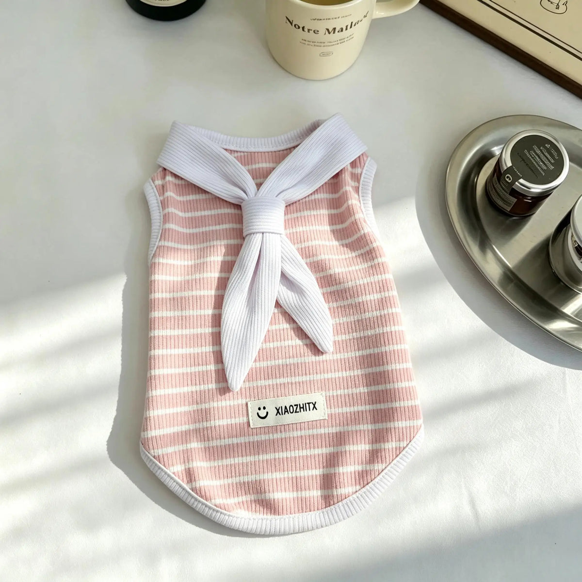 Striped Pet Tank Top Sailor Neck Tie Ribbed Fabric Smile Label Sleeveless Vest Summer Daily Puppy Kitten Walking Outfit